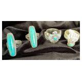 NSJ279 - Four Navajo Sterling Silver Rings With Turquoise Sz 8-8.5