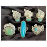 NSJ280 - Six Navajo Sterling Silver Rings With Turquoise Sz 7.5-8