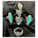 NSJ281 - Six Navajo Sterling Silver Rings With Turquoise Sz 7.5-8