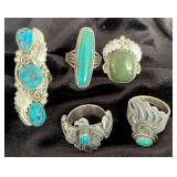 NSJ282 - Five Navajo Sterling Silver Rings With Turquoise Sz 7.5-8