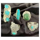NSJ283 - Five Navajo Sterling Silver Rings With Turquoise Sz 7.5-7.75