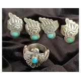 NSJ284 - Five Navajo Sterling Silver Rings With Turquoise Sz 6.5