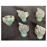 NSJ285 - Five Navajo Sterling Silver Rings With Turquoise Sz 6.5