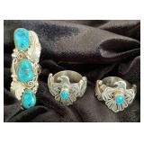 NSJ286 - Three Navajo Sterling Silver Rings With Turquoise Sz 7-7.5