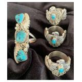 NSJ287 - Four Navajo Sterling Silver Rings With Turquoise Sz 7-7.5