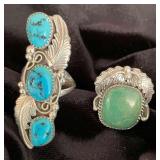 NSJ288 - Two Navajo Sterling Silver Rings With Turquoise Sz 9.5