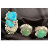 NSJ289 - Three Navajo Sterling Silver Rings With Turquoise Sz 10.25-10.5