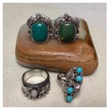NSJ290 Four Navajo Sterling Silver Turquoise & Opal Rings Size 9.5 New
