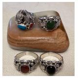 NSJ291 Four Navajo Sterling Turquoise & Coral, Amber, Onyx & Jade Stone Rings Size 13 New