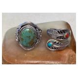 NSJ294 Two Navajo Sterling Silver Turquoise & Coral Rings Size 10.75 New