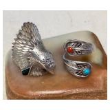 NSJ296 Two Navajo Sterling Silver Turquoise & Coral And Malachite Rings Size 10.5 New