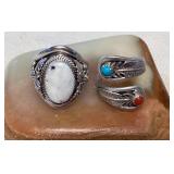 NSJ297 Two Navajo Sterling White Buffalo Turquoise And Turquoise & Coral Rings Size 9.75 New