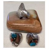 NSJ302 Three Navajo Sterling Silver Turquoise, Coral & Bone? Rings Size 11.5 New
