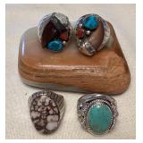 NSJ304 Four Navajo Sterling Wild Horse Turquoise, Turquoise & Coral Rings Size 11