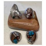 NSJ305 Four Navajo Sterling Wild Horse Turquoise, Malachite, Turquoise & Coral Rings Size 11 New