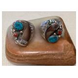 NSJ306 Two Navajo Sterling Silver Turquoise, Coral & Bone? Rings Size 11 New