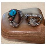 NSJ317 Two Navajo Sterling Copper?, Turquoise & Coral Rings Size 12 New