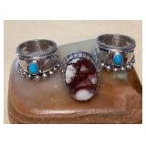 NSJ318 Three Navajo Sterling Wild Horse Turquoise & Turquoise Rings Size 9 New