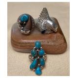 NSJ322 Three Navajo Sterling Turquoise , Onyx & Lapis Lazuli Rings Size 10.5 New