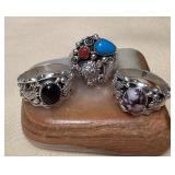 NSJ324 Three Navajo Sterling Wild Horse Turquoise, Onyx , Turquoise & Coral Rings Size 15 New