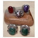 NSJ327 Five Navajo Sterling Turquoise, Carnelian, Purple Stone & Wild Horse Turquoise Rings Size 10 