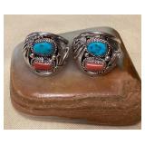 NSJ328 Two Navajo Sterling Silver Turquoise & Red Coral Rings Size 12.5 & 14.5 New