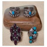 NSJ329 Four Navajo Sterling Silver Purple Spiny Oyster & Turquoise Rings Size 6.5 New
