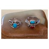 NSJ331 Two Navajo Sterling Turquoise & Coral Rings Size 6 New