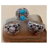 NSJ333 Three Navajo Sterling Turquoise & Wild Horse Turquoise Rings Size 13.5 New