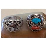 NSJ334 Two Navajo Sterling Wild Horse Turquoise & Turquoise & Coral Rings Size 12.5 & 15 New