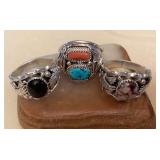 NSJ335 Three Navajo Sterling Wild Horse Turquoise, Onyx & Turquoise Rings Size 14.5 New