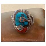 NSJ336 Navajo Sterling Turquoise & Coral Snake Ring Size 11 New