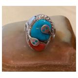 NSJ338 Navajo Sterling Turquoise & Coral Snake Ring Size 11 New