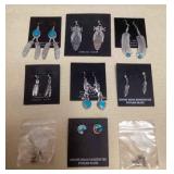 NSJ349 Nine Pairs Of Navajo Sterling & Turquoise Earrings New
