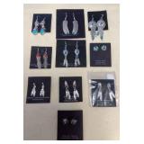 NSJ353 Ten Pairs Of Navajo Sterling Turquoise, Coral & Opal Earrings New