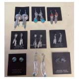 NSJ355 Nine Pairs Of Navajo Sterling Turquoise, Coral & Mother Of Pearl Earrings New