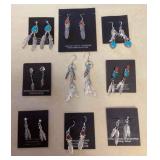 NSJ357 Nine Pairs Of Navajo Sterling Turquoise & Coral Earrings New