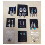 NSJ358 Ten Pairs Of Navajo Sterling Turquoise, Coral & Onyx Earrings New