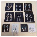 NSJ365 Ten Pairs Of Navajo Sterling Turquoise, Onyx, Coral & Garnet Earrings New
