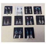 NSJ366 Ten Pairs Of Navajo Sterling Turquoise, Lapis Lazuli, Opal, Onyx, Coral & Amber Earrings New