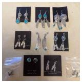 NSJ370 Ten Pairs Of Navajo Sterling Turquoise, Pink Opal & Coral Earrings New