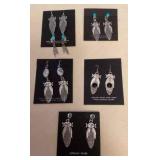 NSJ382 Five Pairs Of Navajo Sterling Turquoise, Coral, Onyx & Howlite Earrings New