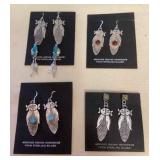 NSJ383 Four Pairs Of Navajo Sterling Turquoise, Garnet & Opal Earrings New