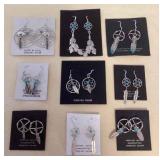 NSJ384 Nine Pairs Of Navajo Sterling Turquoise & Coral Dream Catcher Earrings New