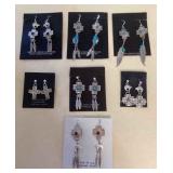 NSJ385 Seven Pairs Of Navajo Sterling Turquoise, Lapis Lazuli & Garnet Cross Earrings New