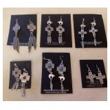 NSJ386 Six Pairs Of Navajo Sterling Turquoise, Lapis Lazuli & Garnet Cross Earrings New