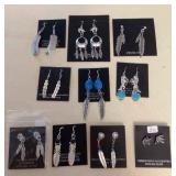 NSJ387 Ten Pairs Of Navajo Sterling Turquoise, Coral & Lapis Lazuli Earrings New