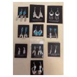 NSJ388 Ten Pairs Of Navajo Sterling Turquoise, Coral, Opal, & Onyx Earrings New