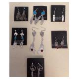 NSJ389 Seven Pairs Of Navajo Sterling Turquoise & Garnet Earrings New