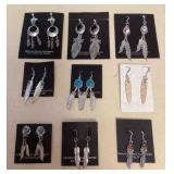 NSJ392 Nine Pairs Of Navajo Sterling Turquoise, Coral, Onyx, Bone & Opal Earrings New